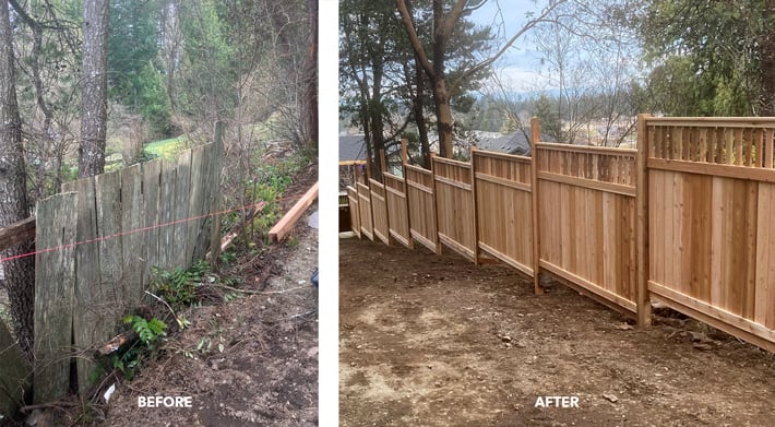 Before and after photos of a cedar fencing project